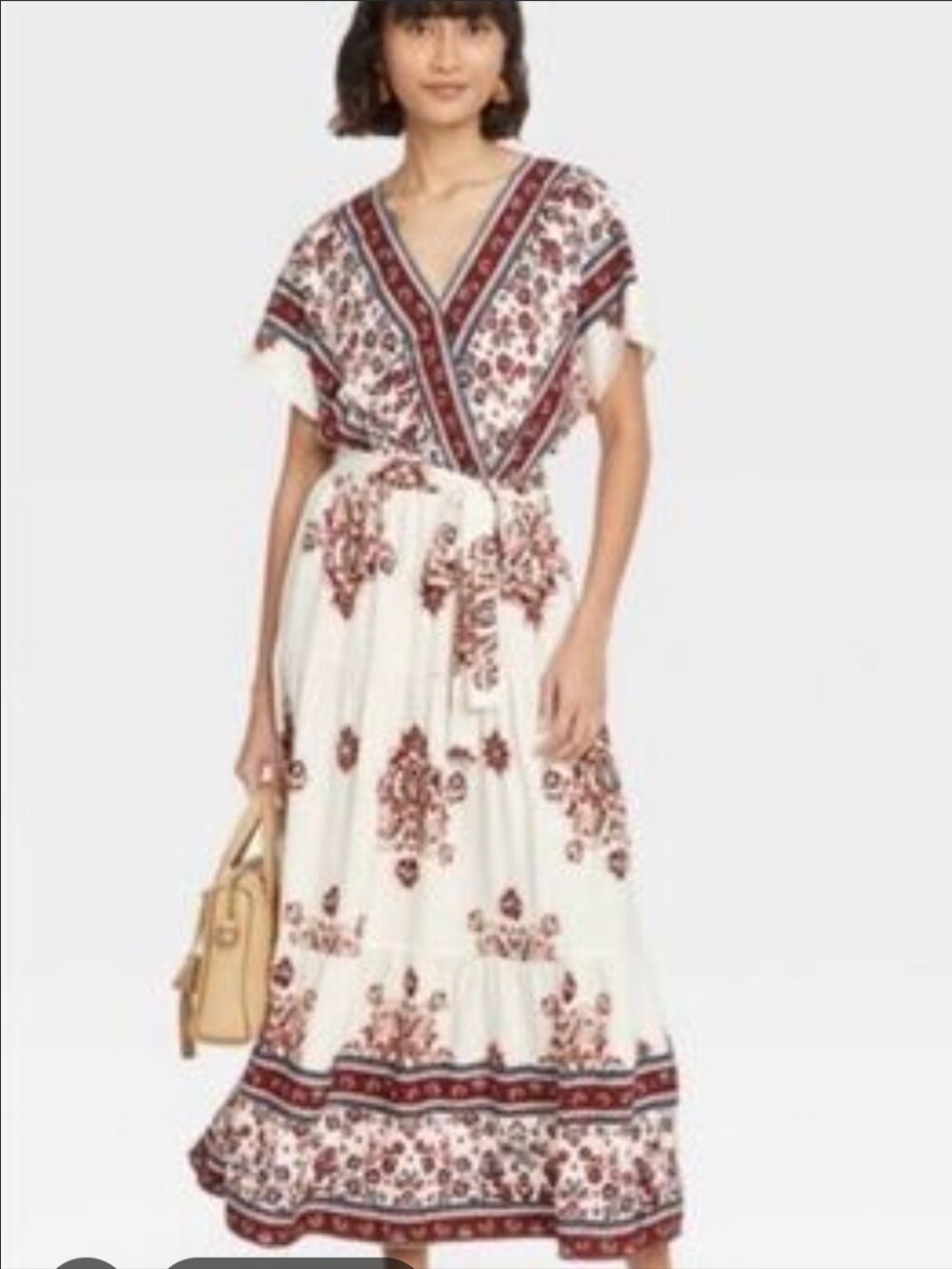 Knox Rose Orange Dress Size XL Boho Cream Paisley Short Sleeve Flowy Maxi